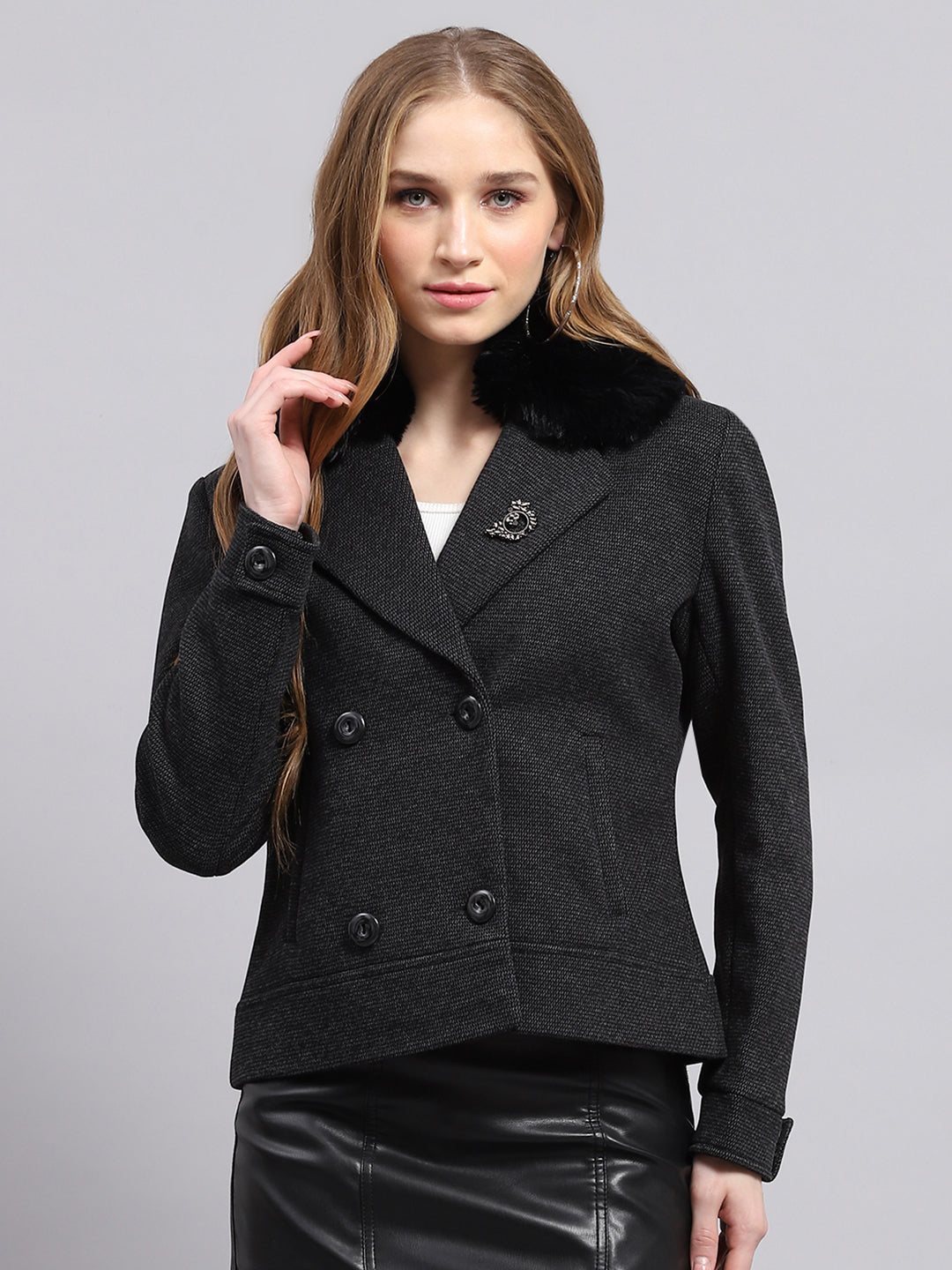 Women Black Solid Collar Full Sleeve Coat - Main Image