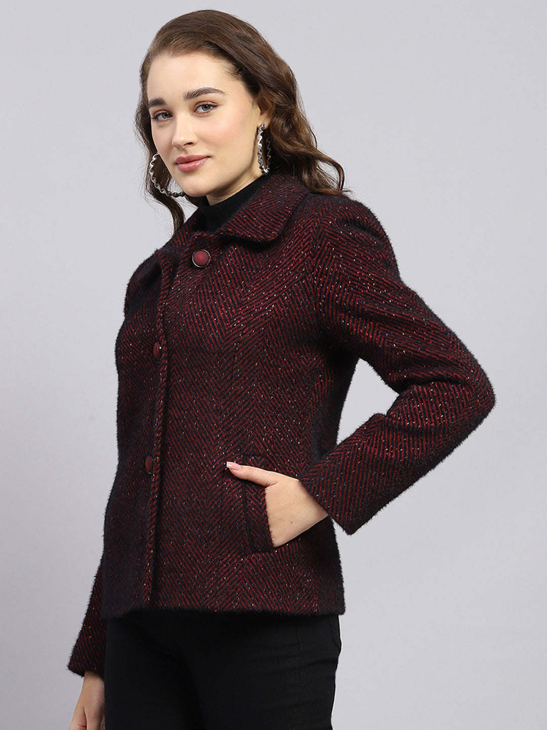Women Maroon Self Design Collar Full Sleeve Coat