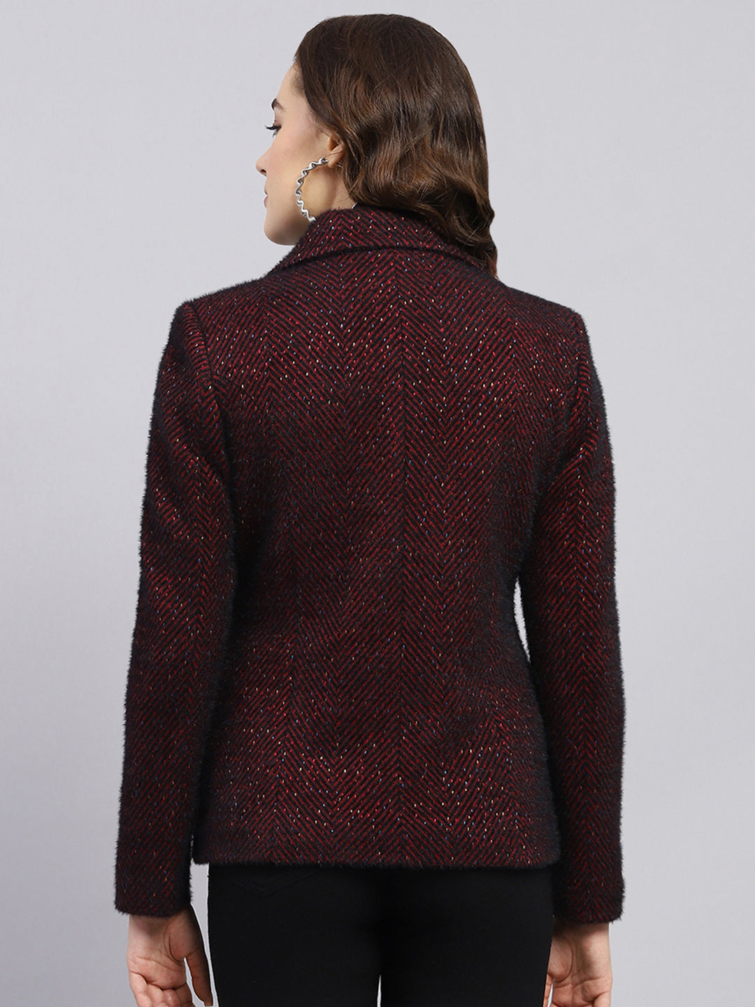 Women Maroon Self Design Collar Full Sleeve Coat