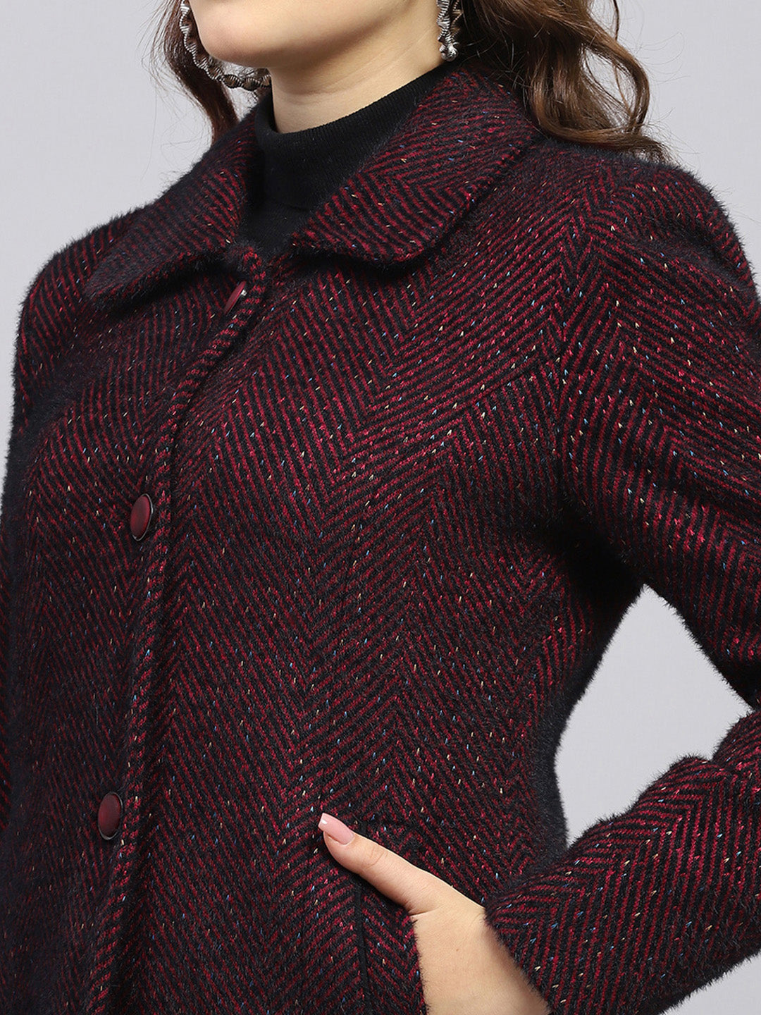 Women Maroon Self Design Collar Full Sleeve Coat