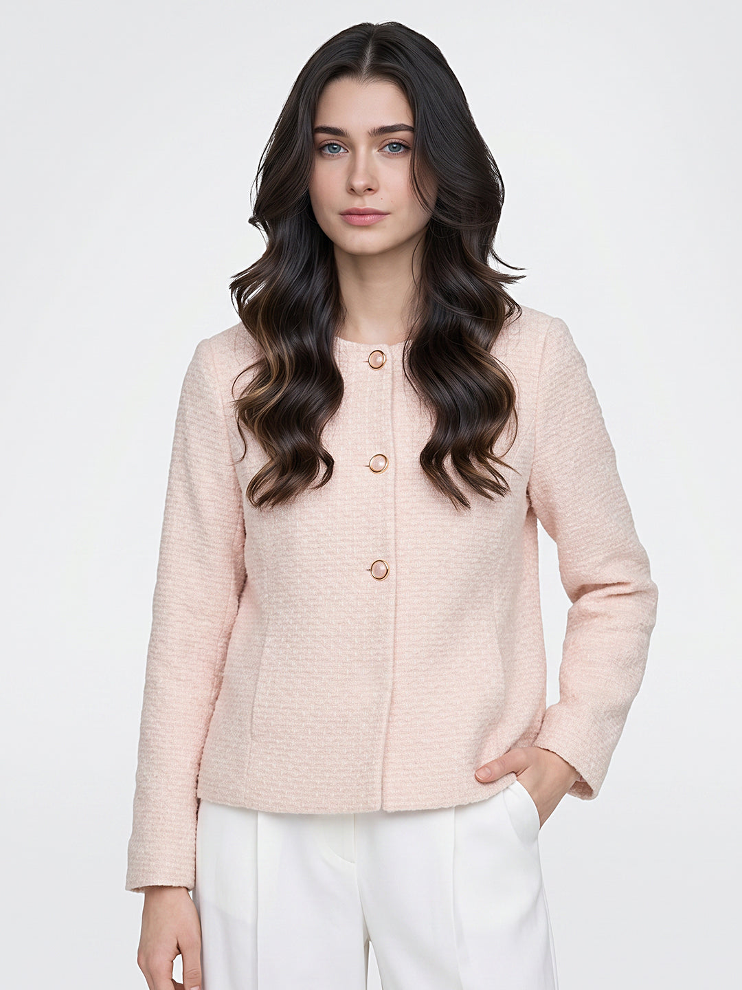 Women Peach Jacquard Collar Full Sleeve Coat