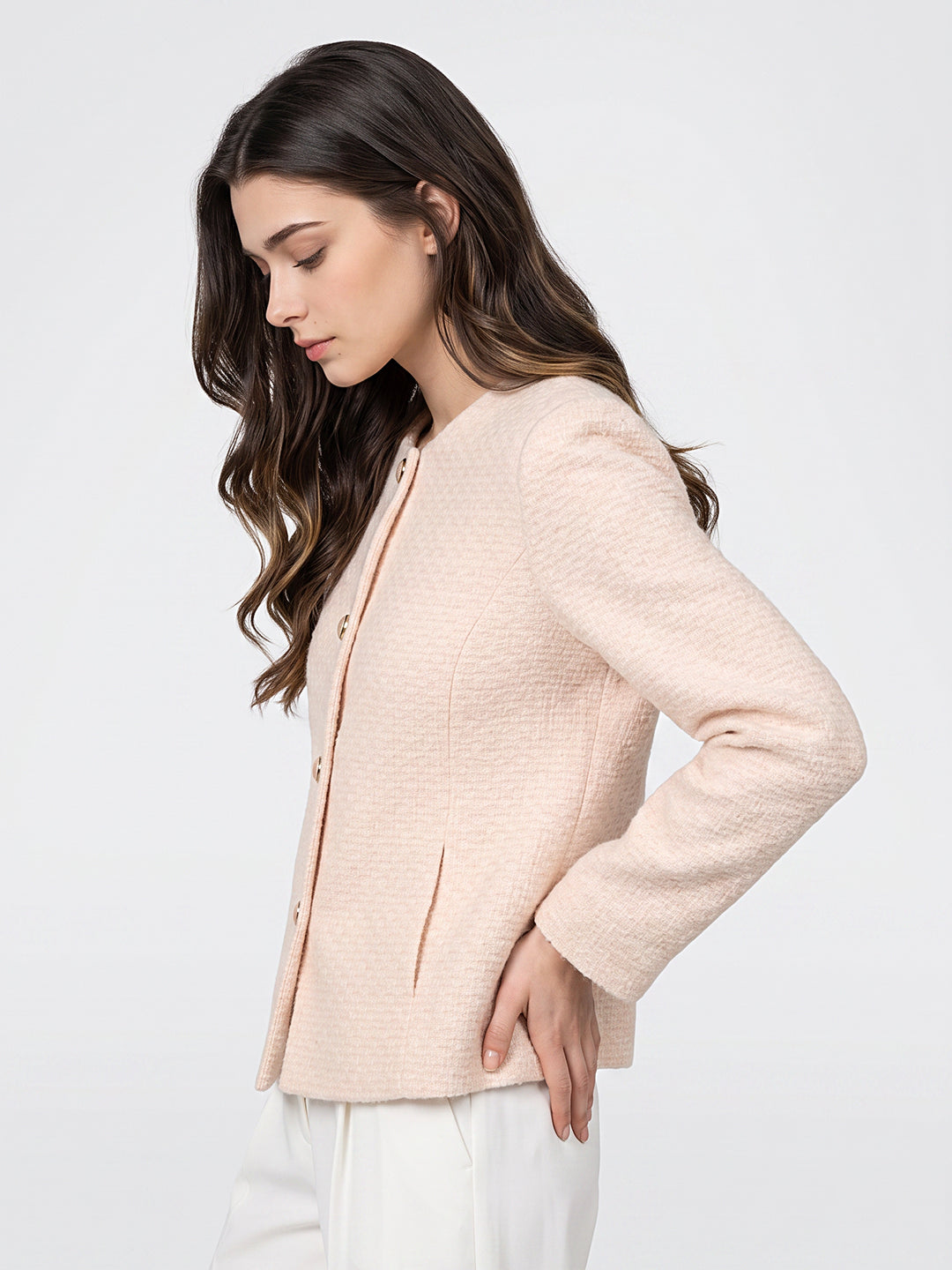 Women Peach Jacquard Collar Full Sleeve Coat