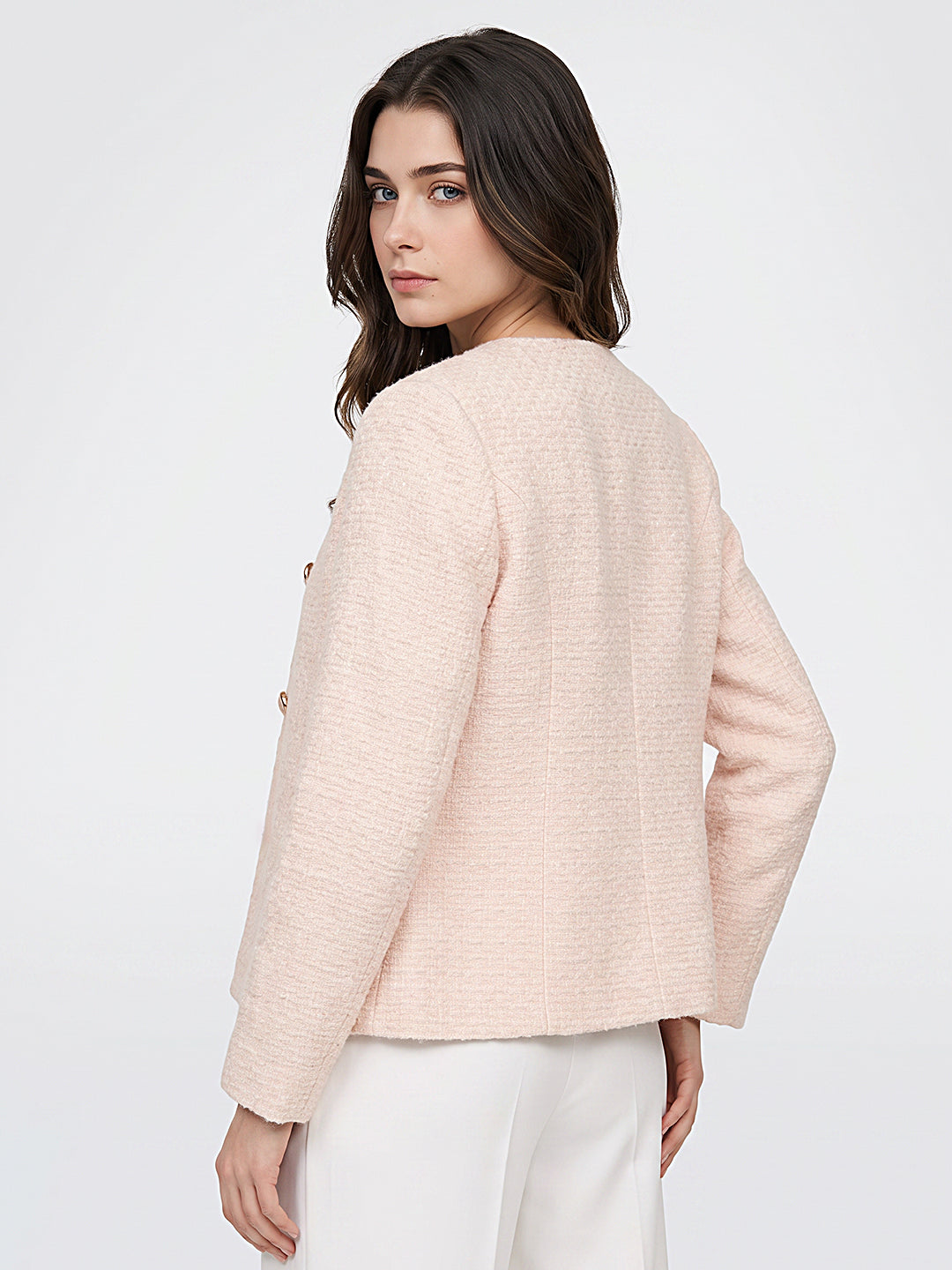 Women Peach Jacquard Collar Full Sleeve Coat