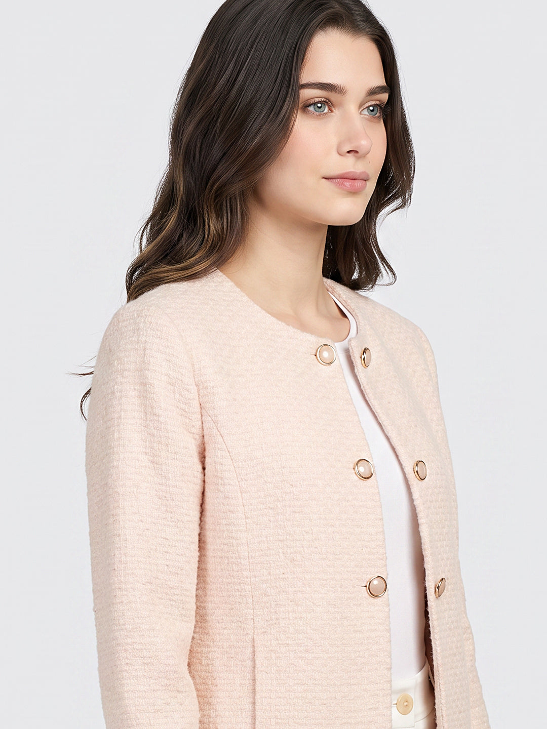 Women Peach Jacquard Collar Full Sleeve Coat