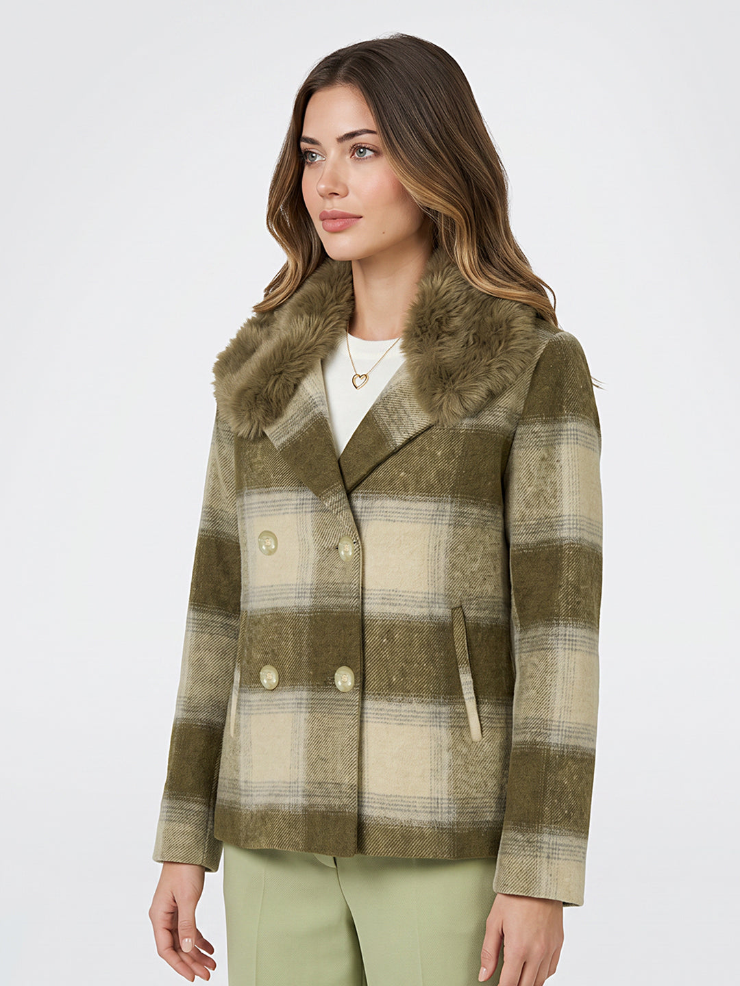 Women Olive Check Full Sleeve Double Breasted Coat with Faux Fur Collar