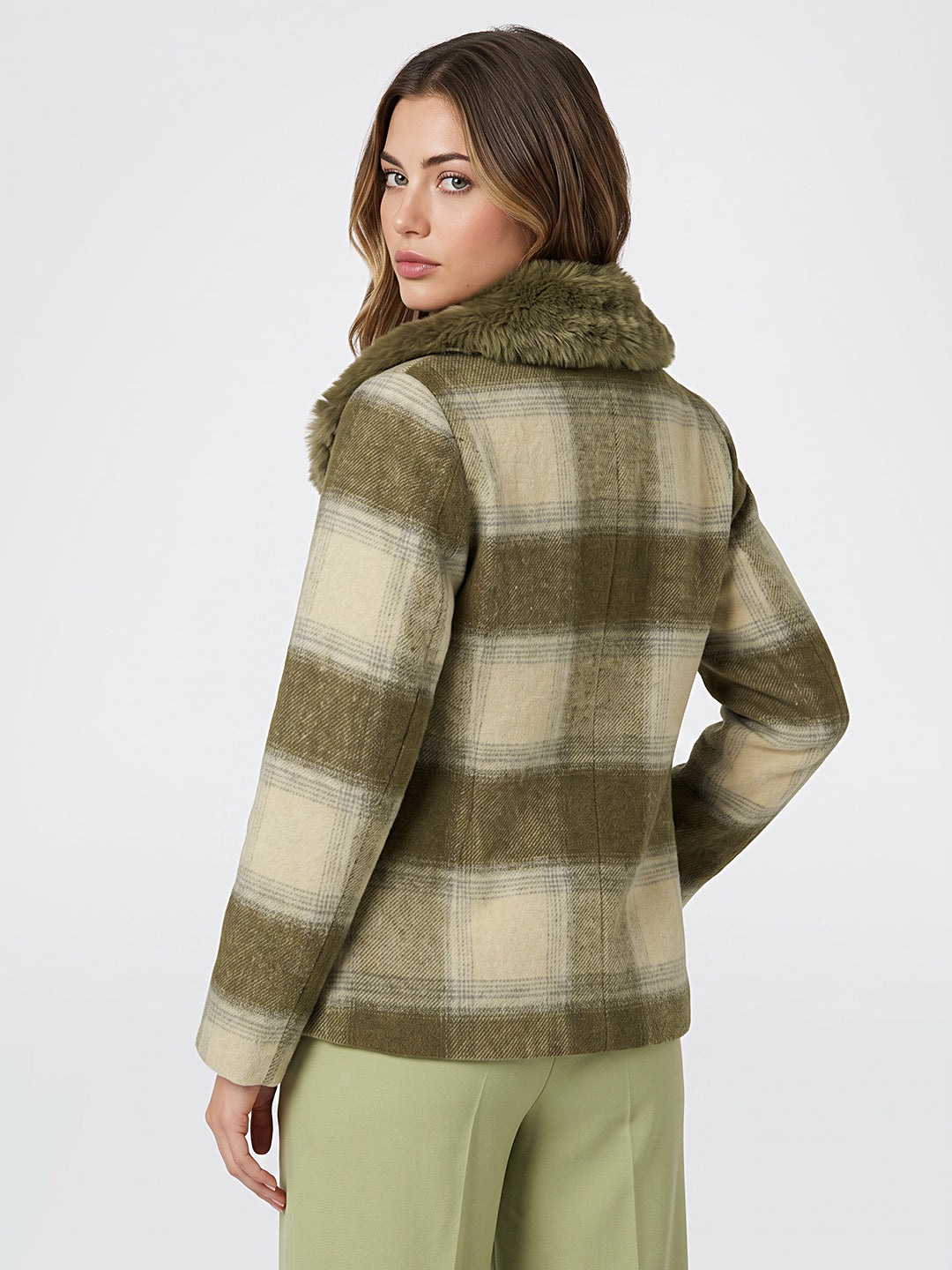 Women Olive Check Full Sleeve Double Breasted Coat with Faux Fur Collar