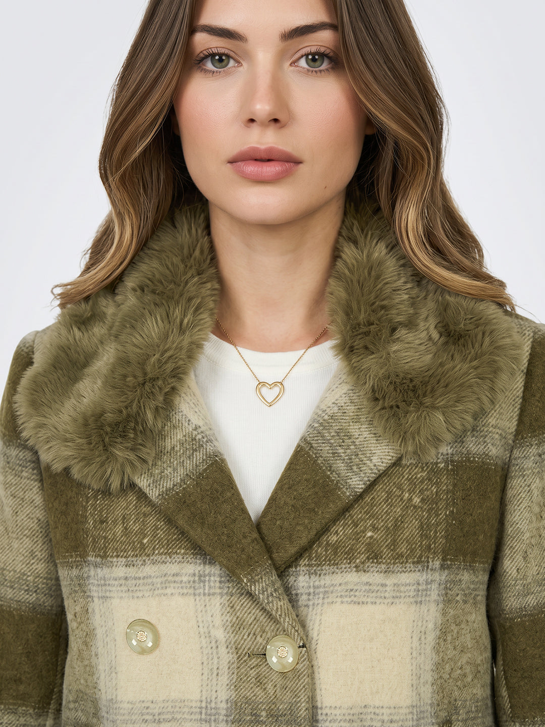 Women Olive Check Full Sleeve Double Breasted Coat with Faux Fur Collar