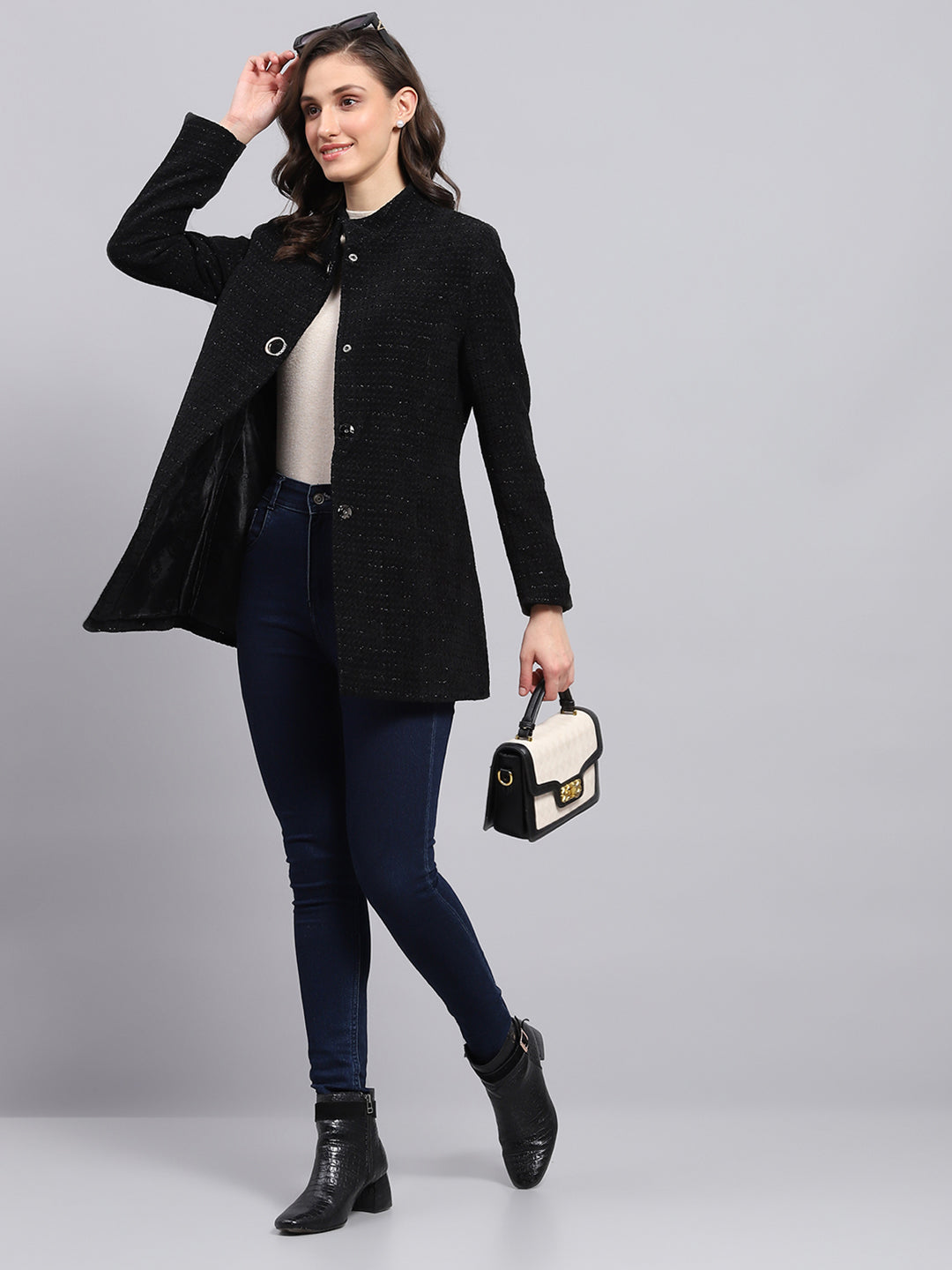 Women Black Self Design Round Neck Full Sleeve Coat