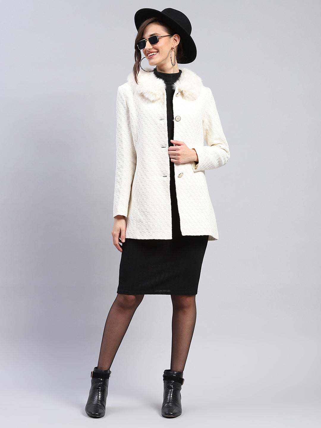 Women Off White Self Design Collar Full Sleeve Coat