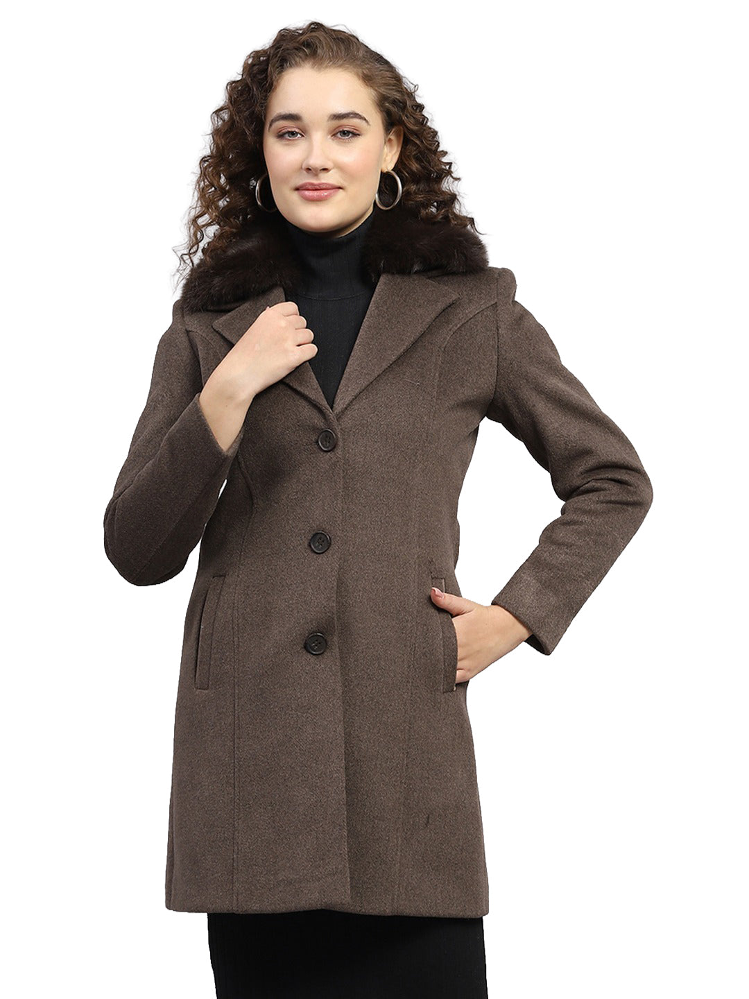 Women Brown Solid Collar Full Sleeve Coat