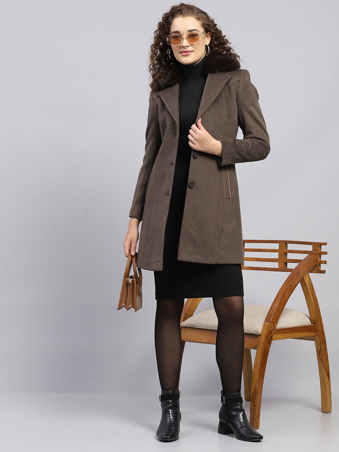 Women Brown Solid Collar Full Sleeve Coat