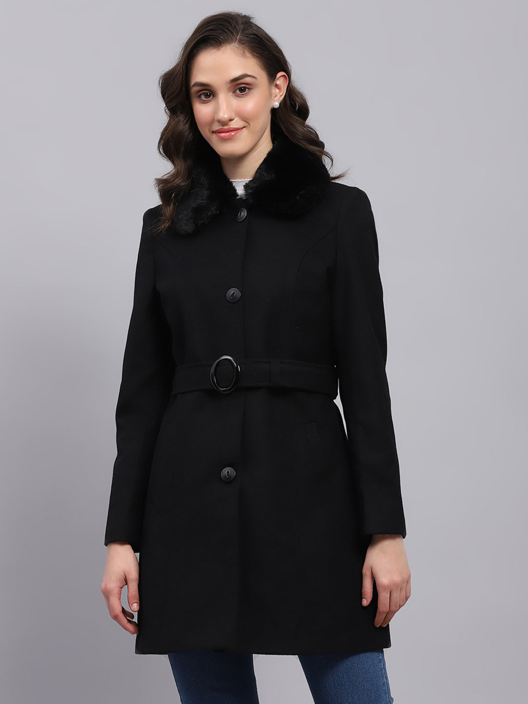Women Black Solid Collar Full Sleeve Coat - Main Image