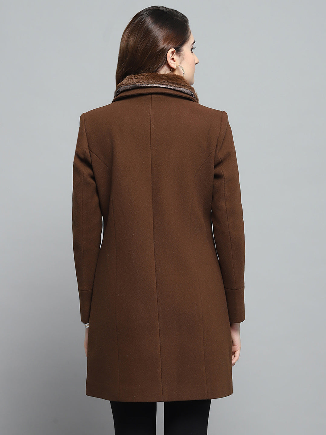 Women Brown Solid Collar Full Sleeve Coat