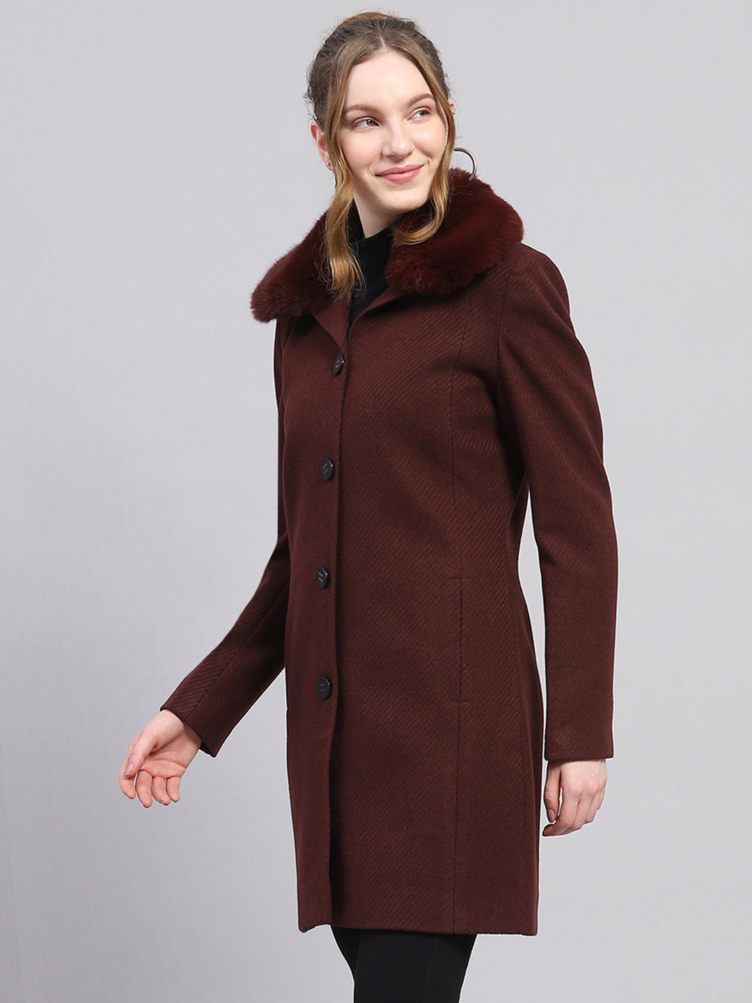 Women Maroon Self Design Notch lapel Collar Full Sleeve Coat