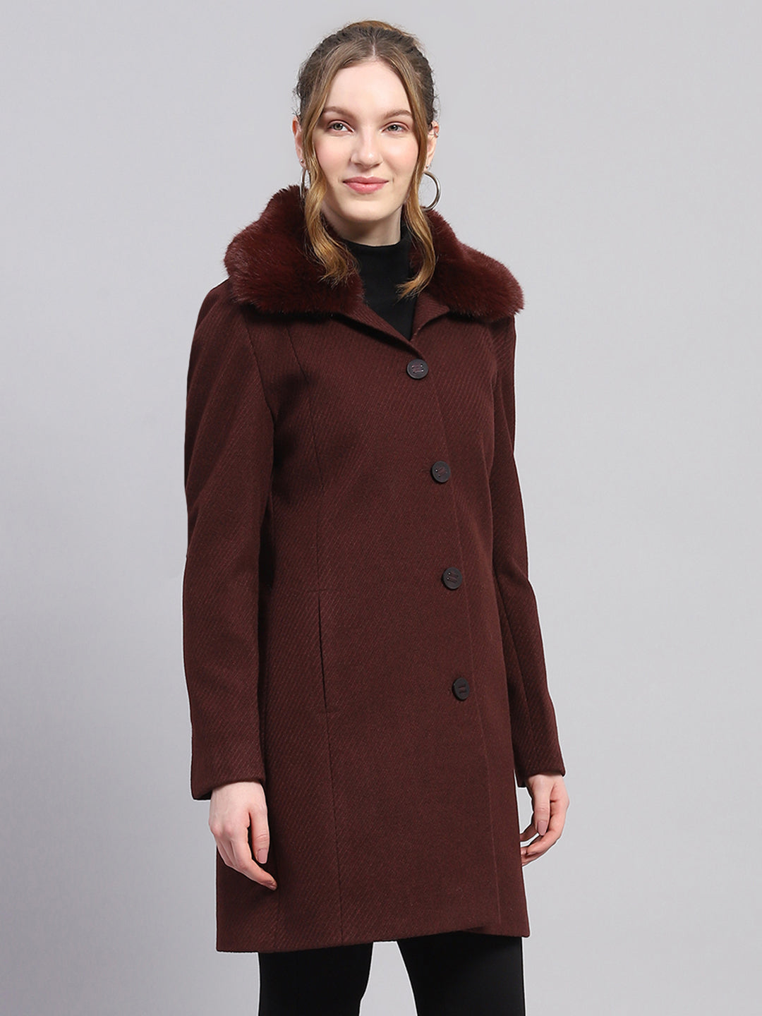 Women Maroon Self Design Notch lapel Collar Full Sleeve Coat