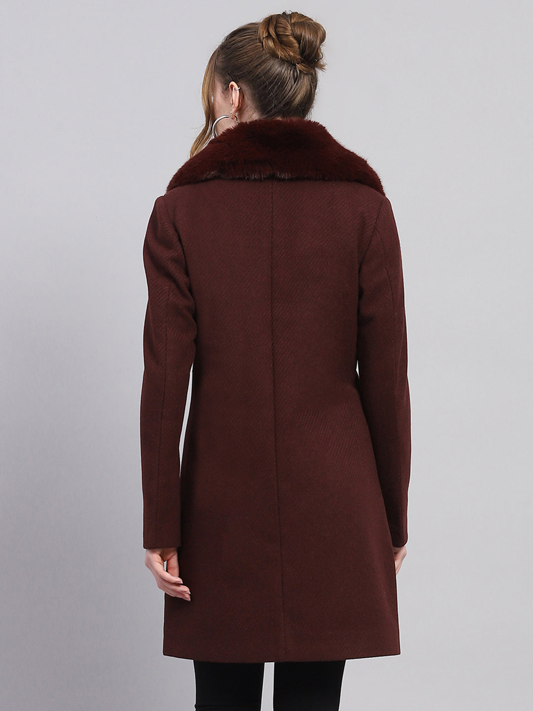 Women Maroon Self Design Notch lapel Collar Full Sleeve Coat