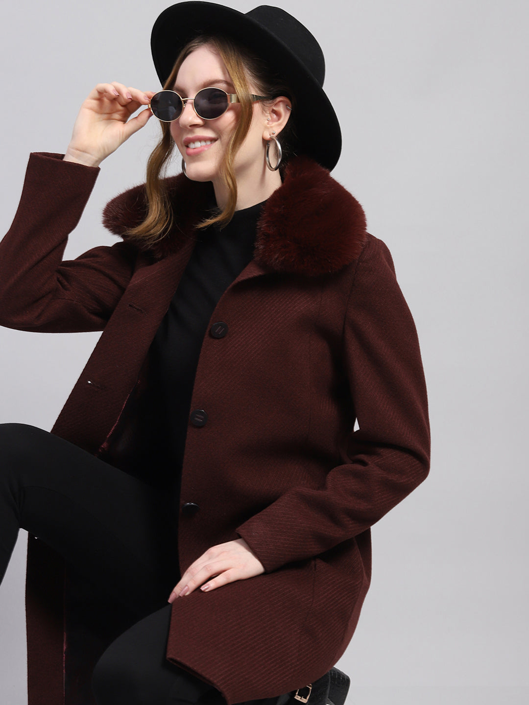 Women Maroon Self Design Notch lapel Collar Full Sleeve Coat
