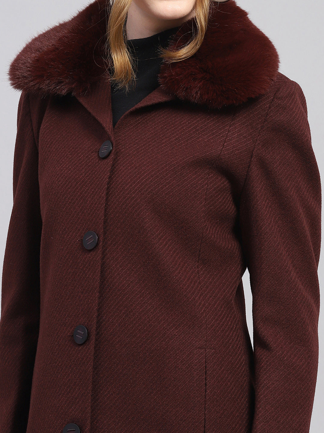 Women Maroon Self Design Notch lapel Collar Full Sleeve Coat