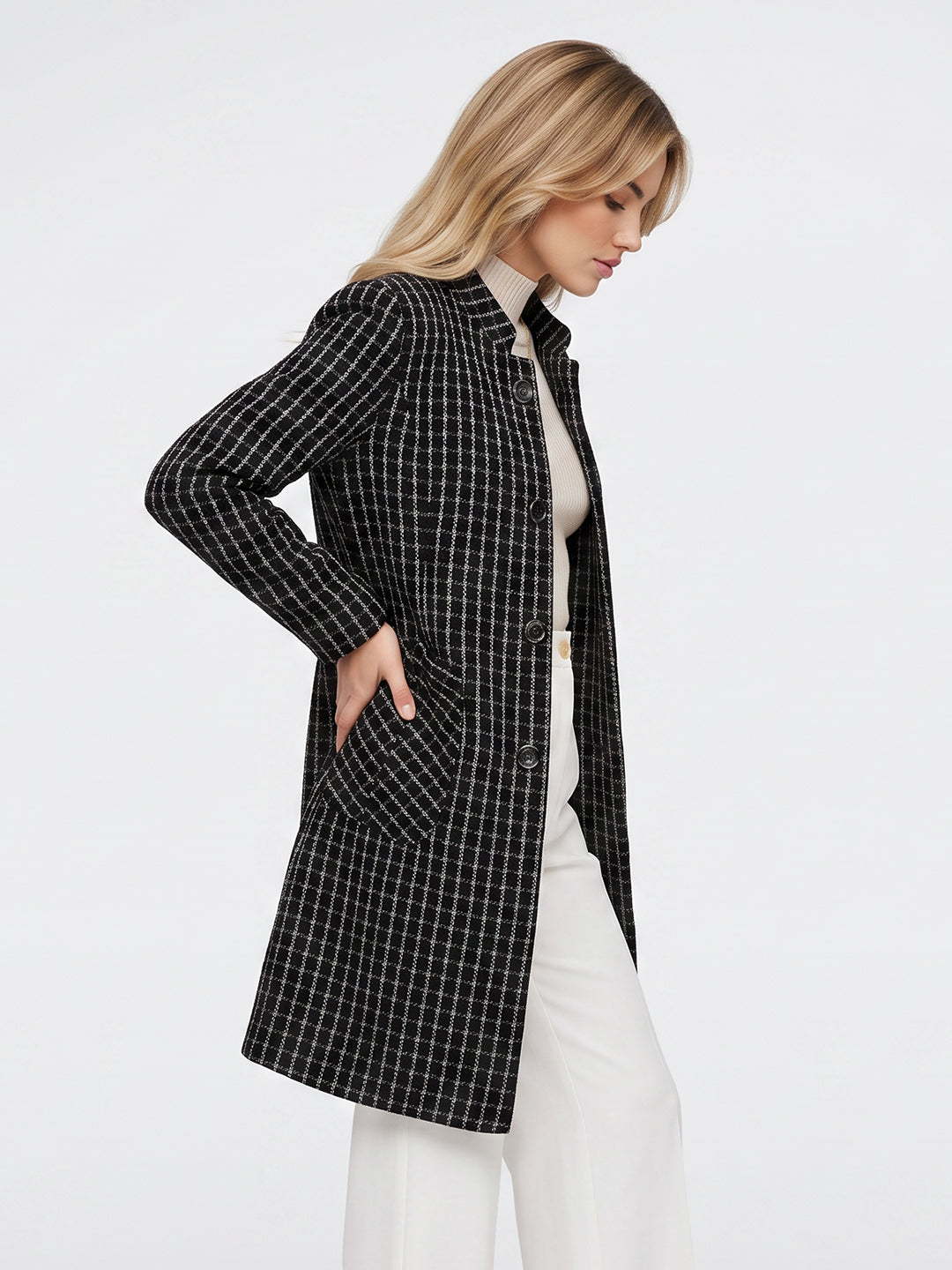Women Black Jacquard Mandarin Collar Full Sleeve Long Coat