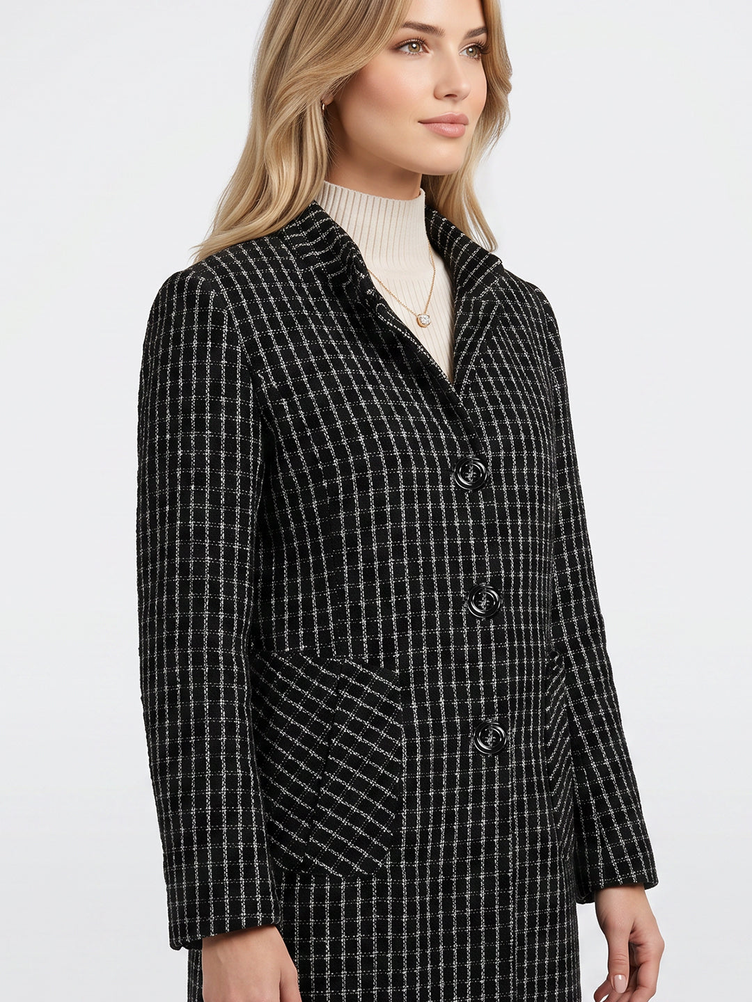 Women Black Jacquard Mandarin Collar Full Sleeve Long Coat