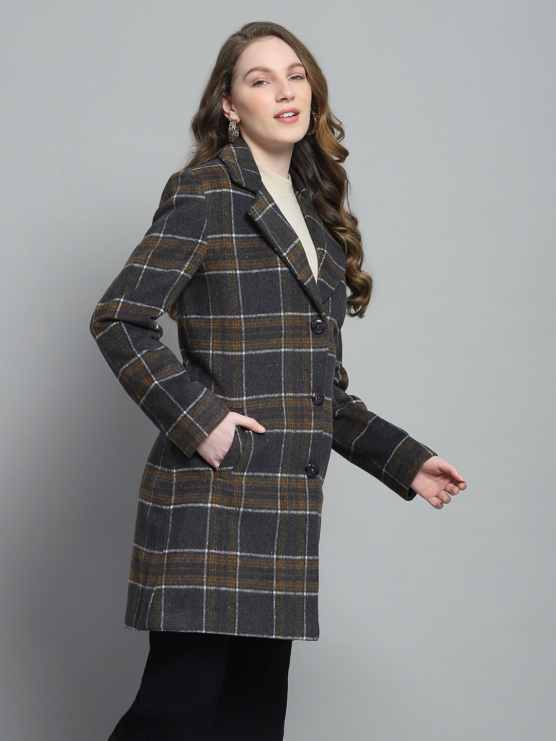 Women Grey Check Notch Lapel Collar Full Sleeve Coat