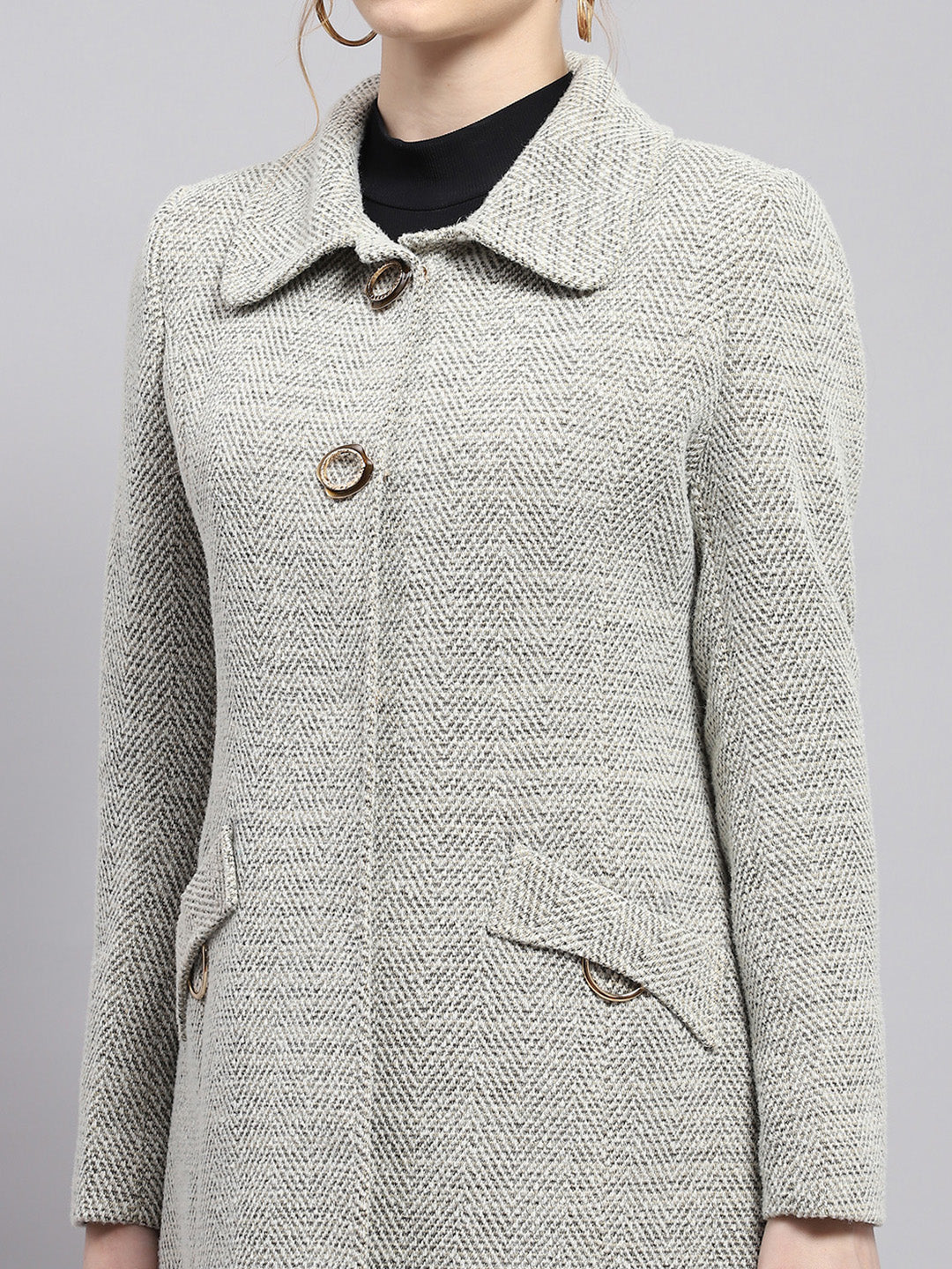 Women Grey Self Design Collar Full Sleeve Coat