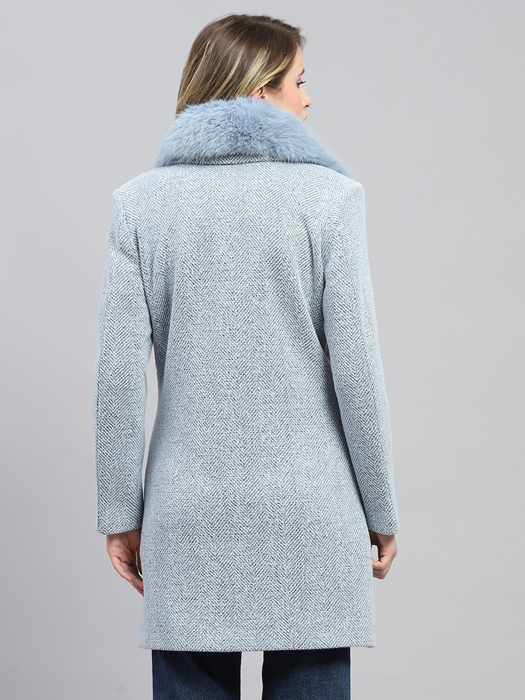 Women Blue Self Design Collar Full Sleeve Coat