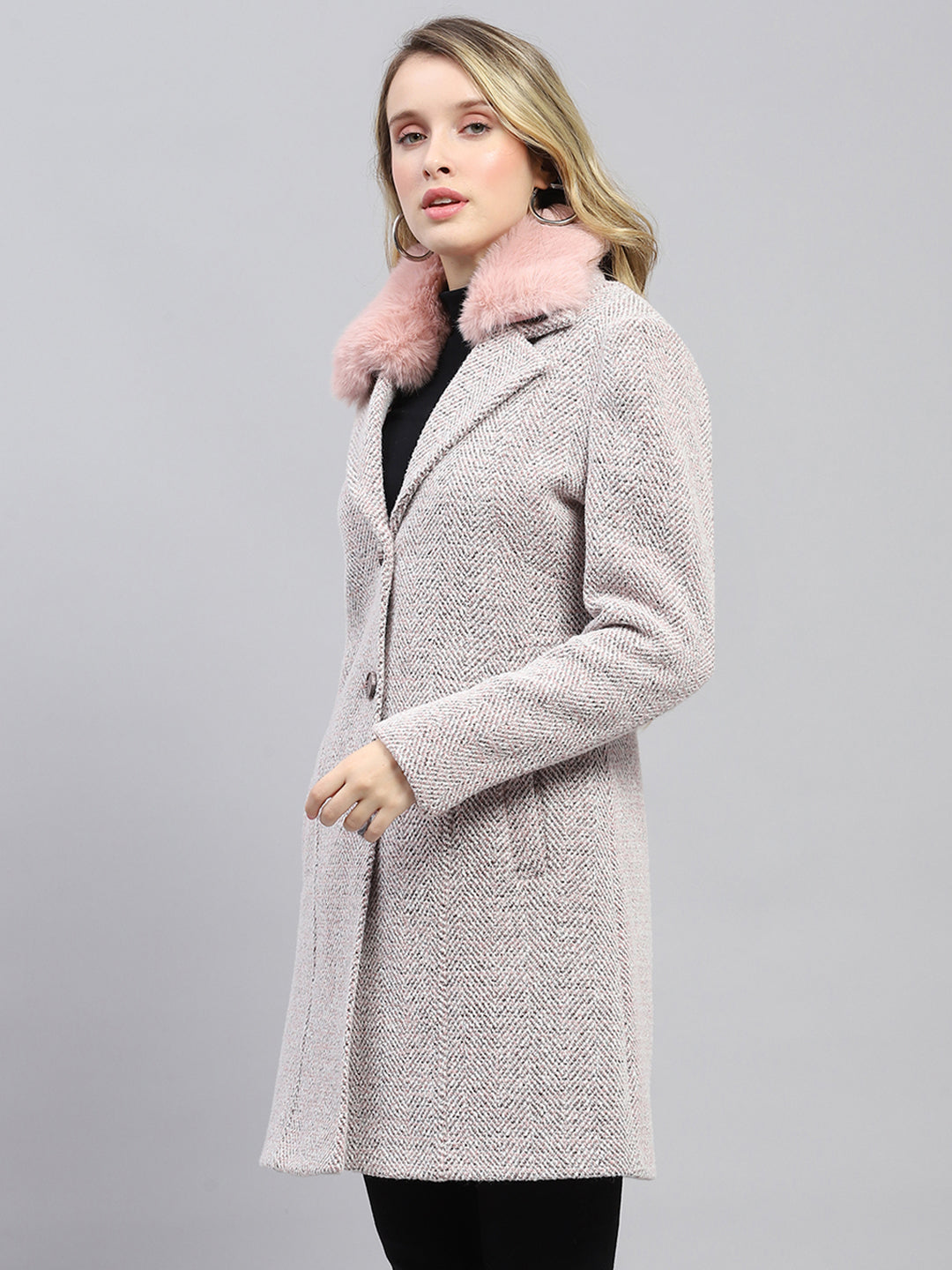 Women Pink Self Design Collar Full Sleeve Coat