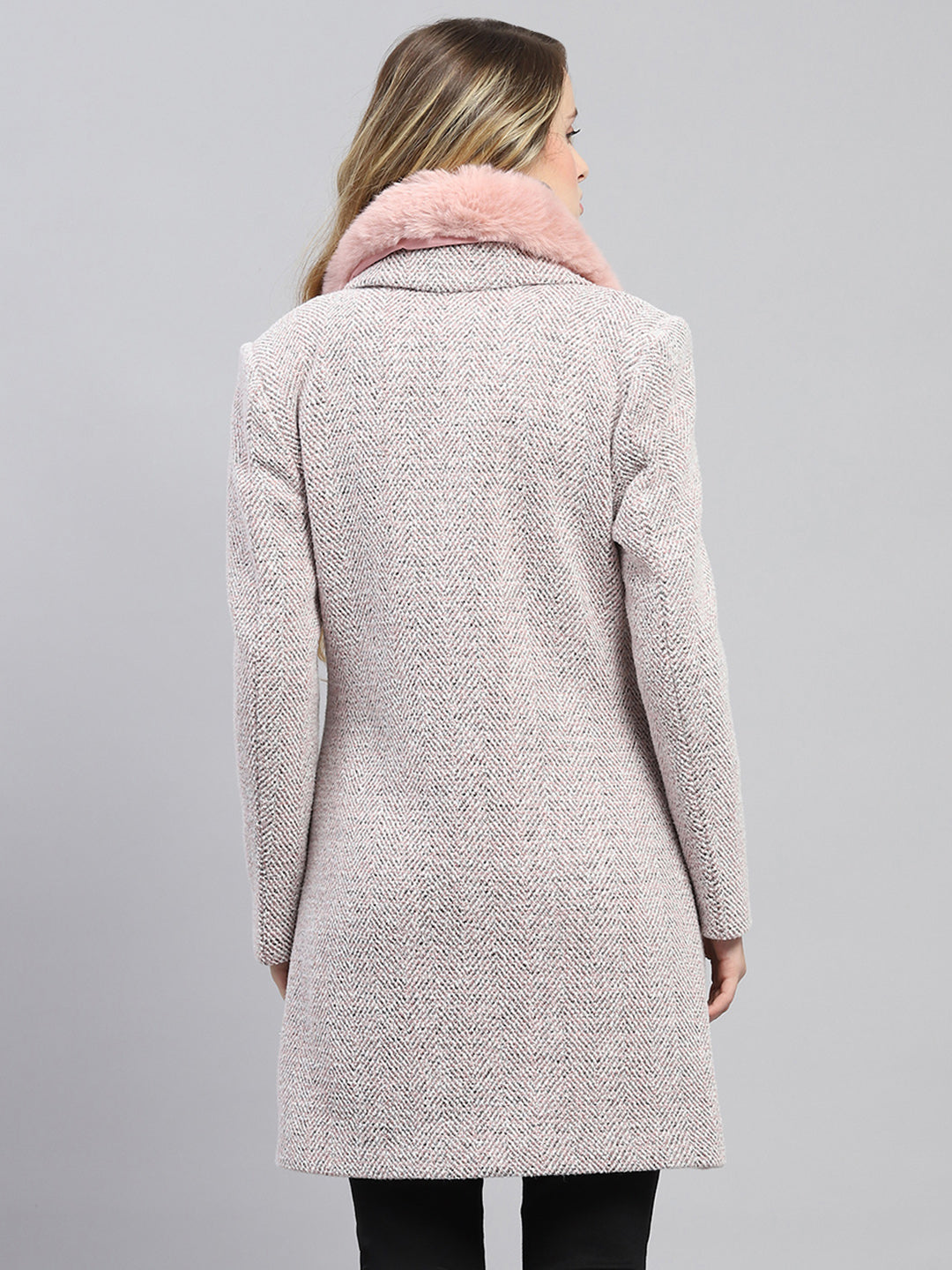 Women Pink Self Design Collar Full Sleeve Coat