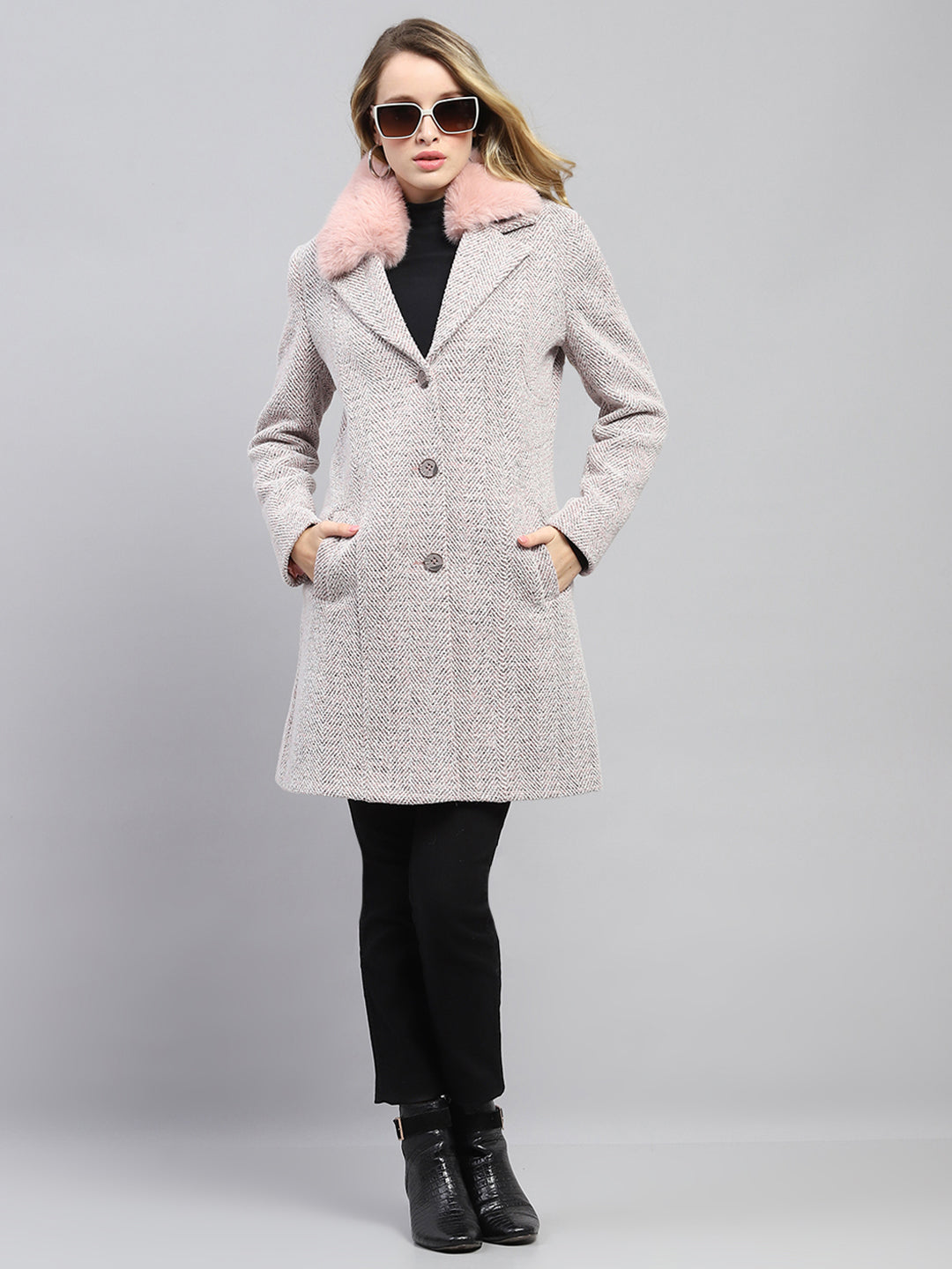 Women Pink Self Design Collar Full Sleeve Coat