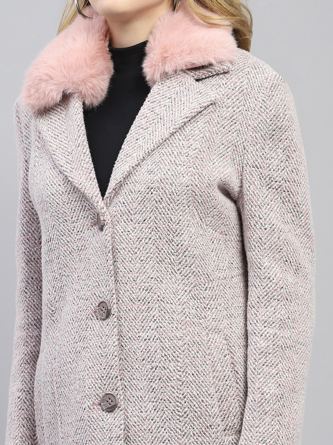 Women Pink Self Design Collar Full Sleeve Coat