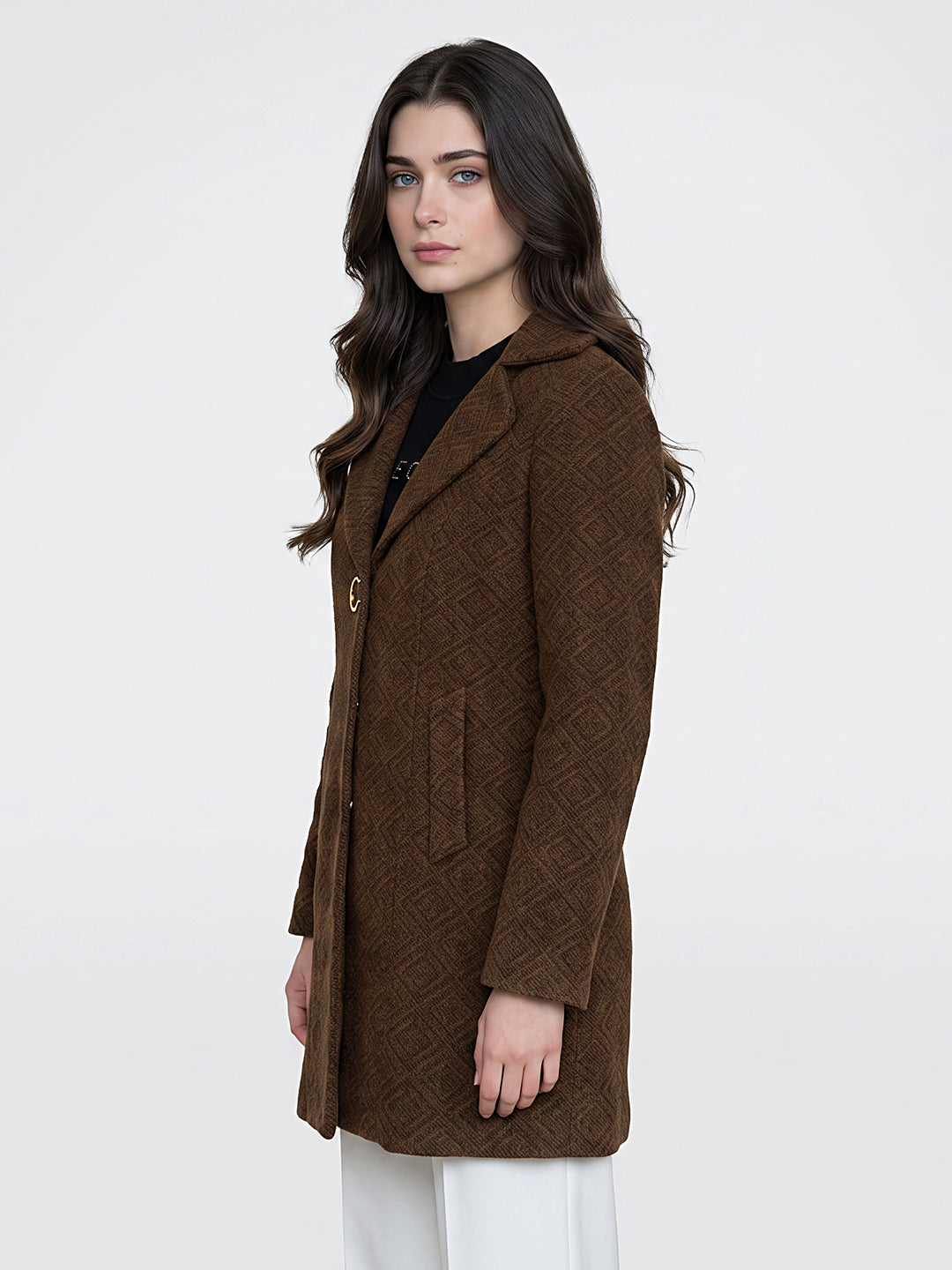 Women Brown Jacquard Lapel Collar Full Sleeve Long Coat