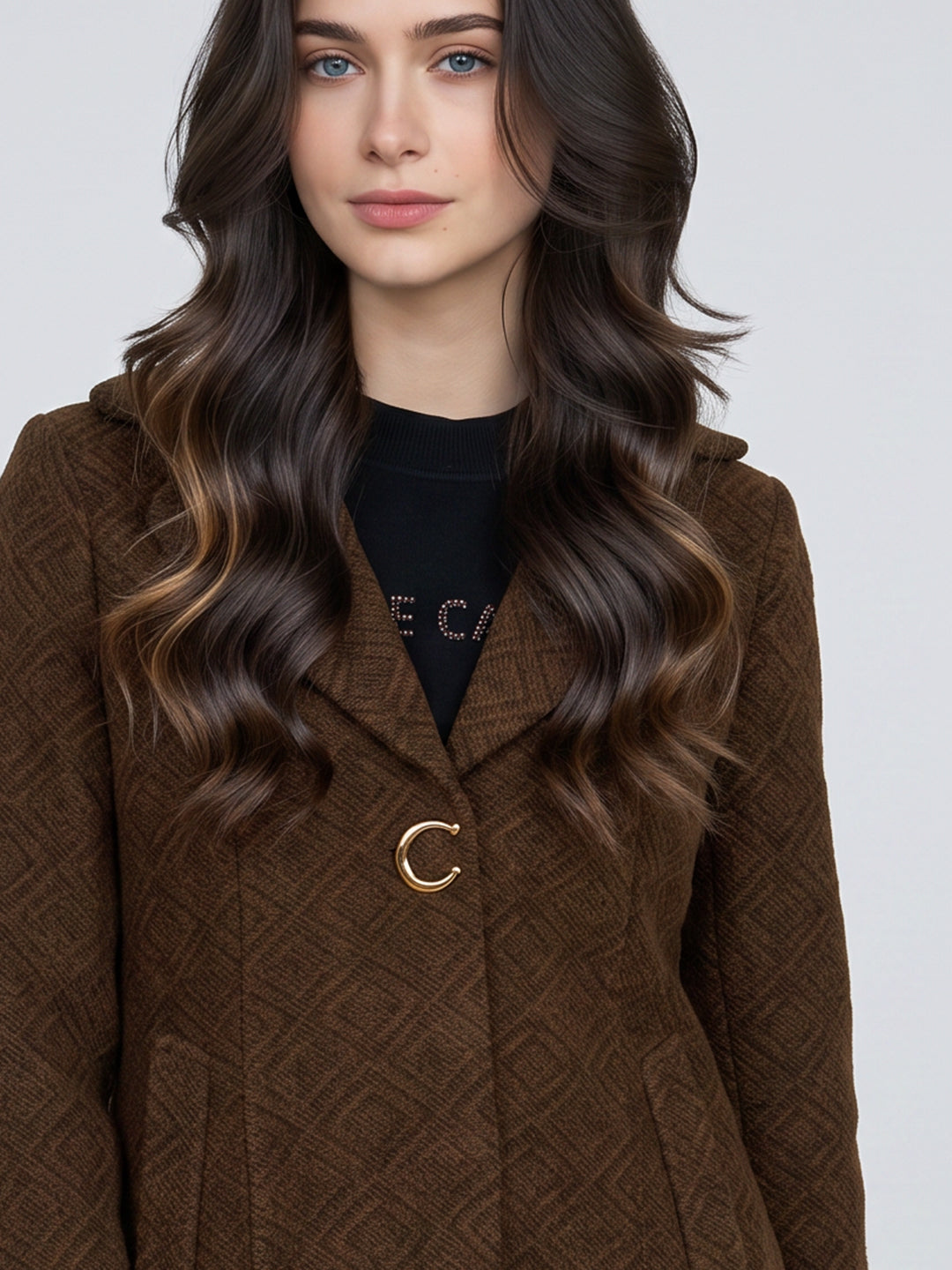Women Brown Jacquard Lapel Collar Full Sleeve Long Coat