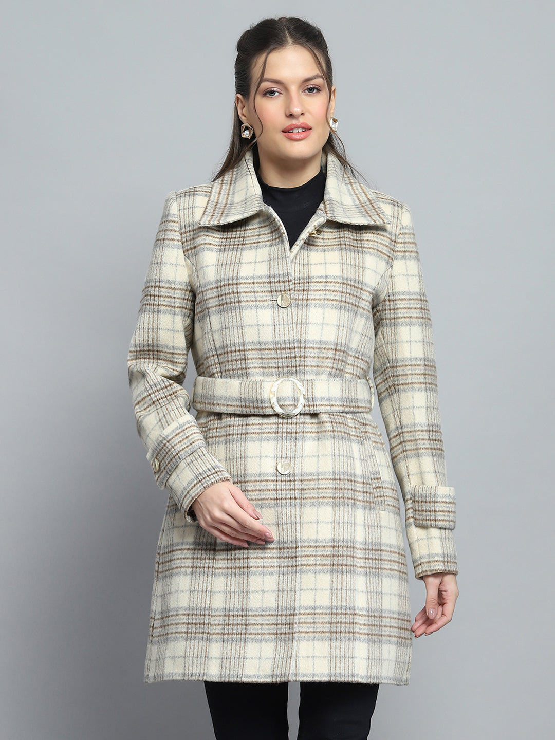 Women Beige Check Collar Full Sleeve Coat - Main Image