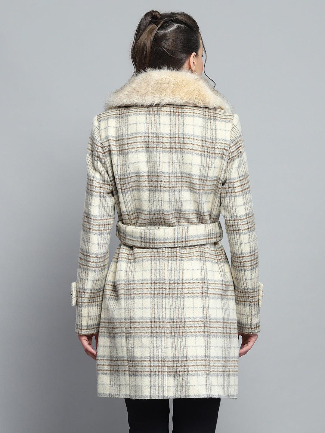 Women Beige Check Collar Full Sleeve Coat