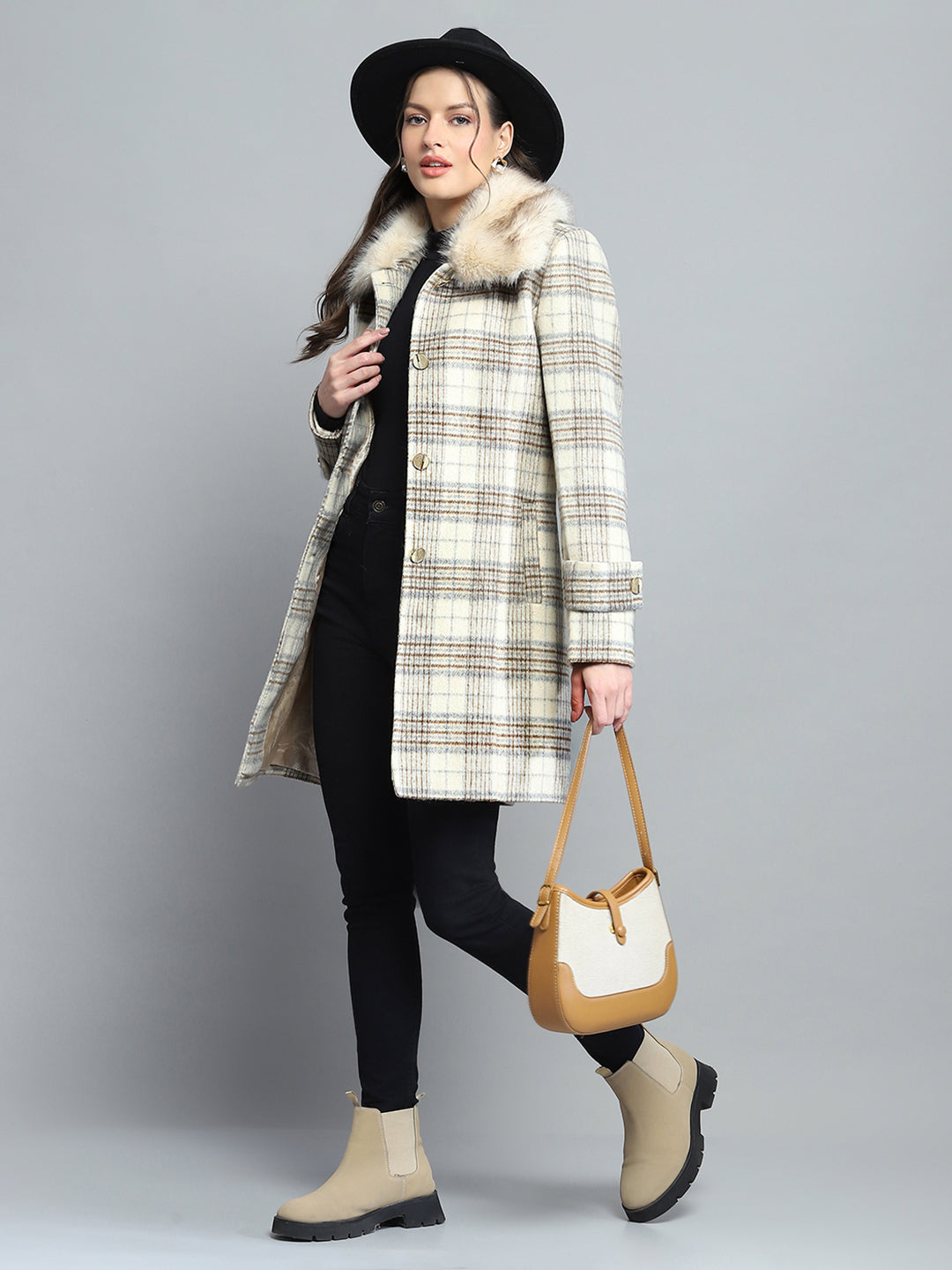 Women Beige Check Collar Full Sleeve Coat