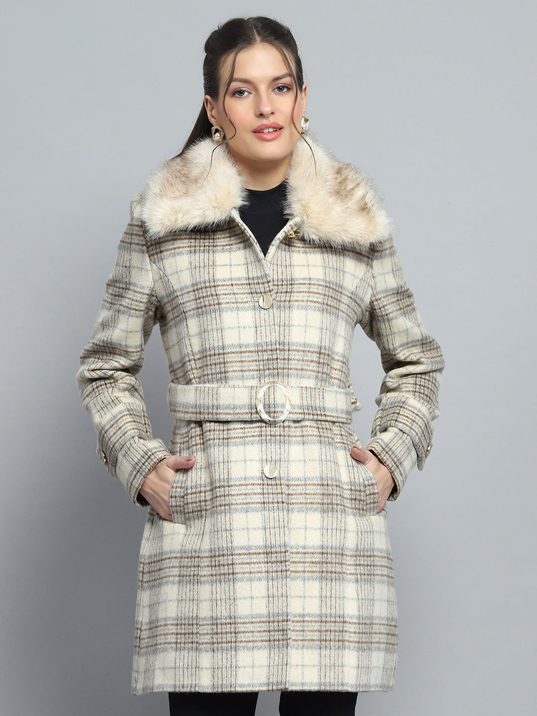 Women Beige Check Collar Full Sleeve Coat