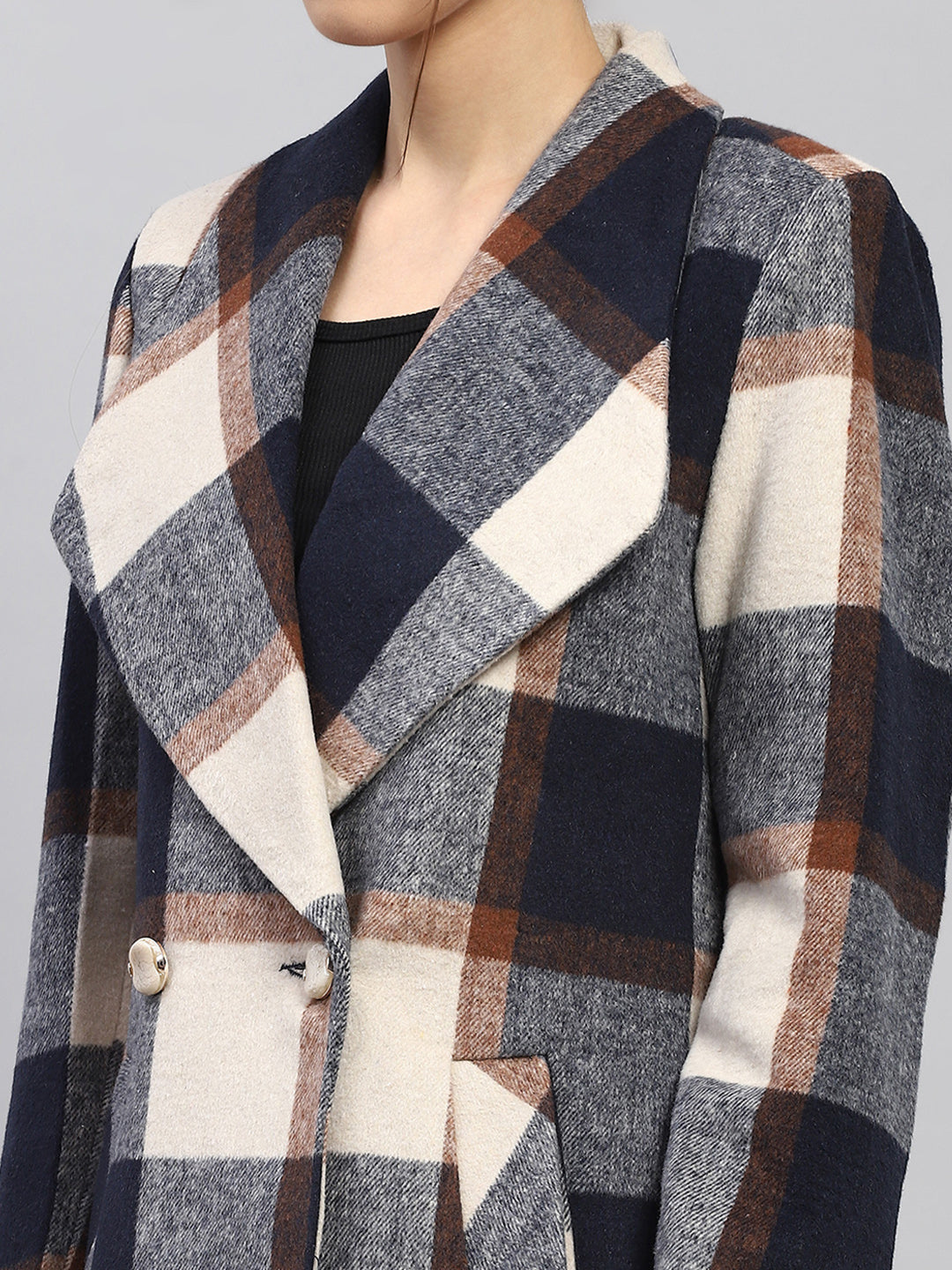 Women Navy Blue Check Notch lapel Collar Full Sleeve Coat