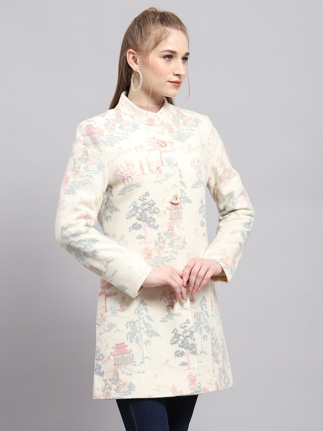 Women White Embroidered Mock Neck Full Sleeve Coat