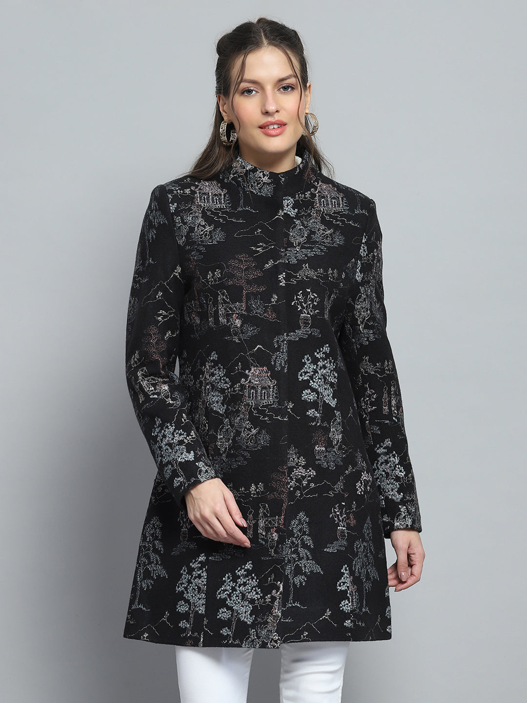 Women Black Self Design Mock Neck Full Sleeve Coat