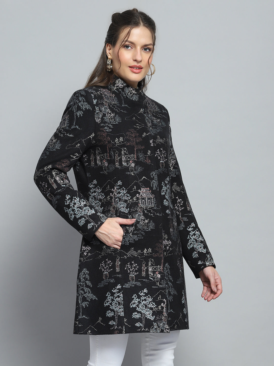 Women Black Self Design Mock Neck Full Sleeve Coat