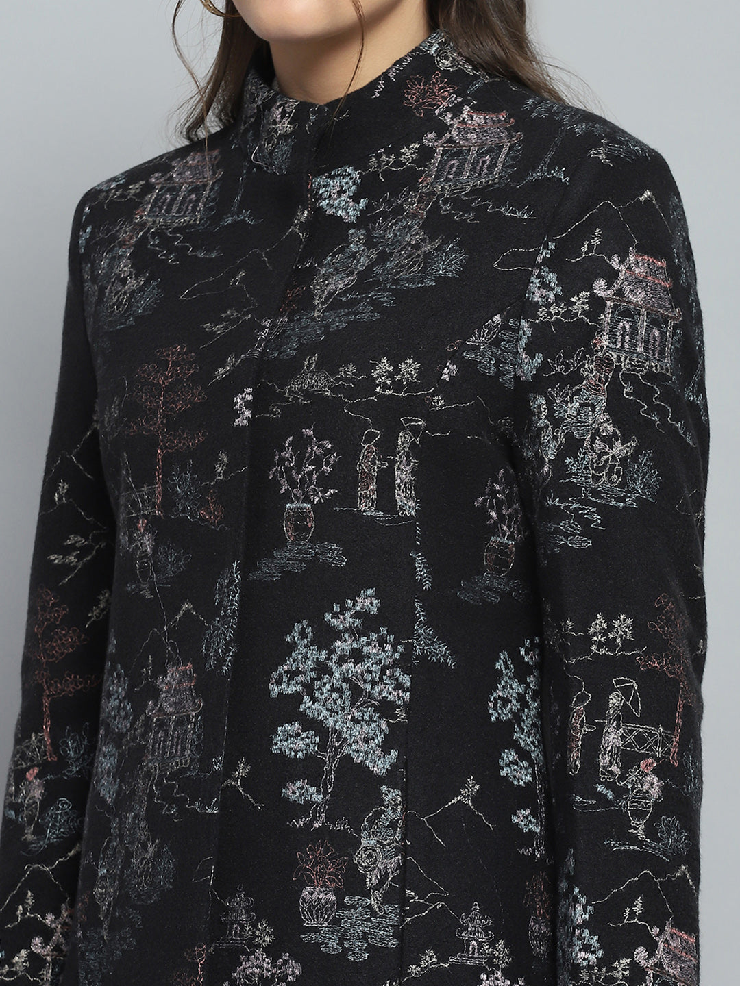 Women Black Self Design Mock Neck Full Sleeve Coat