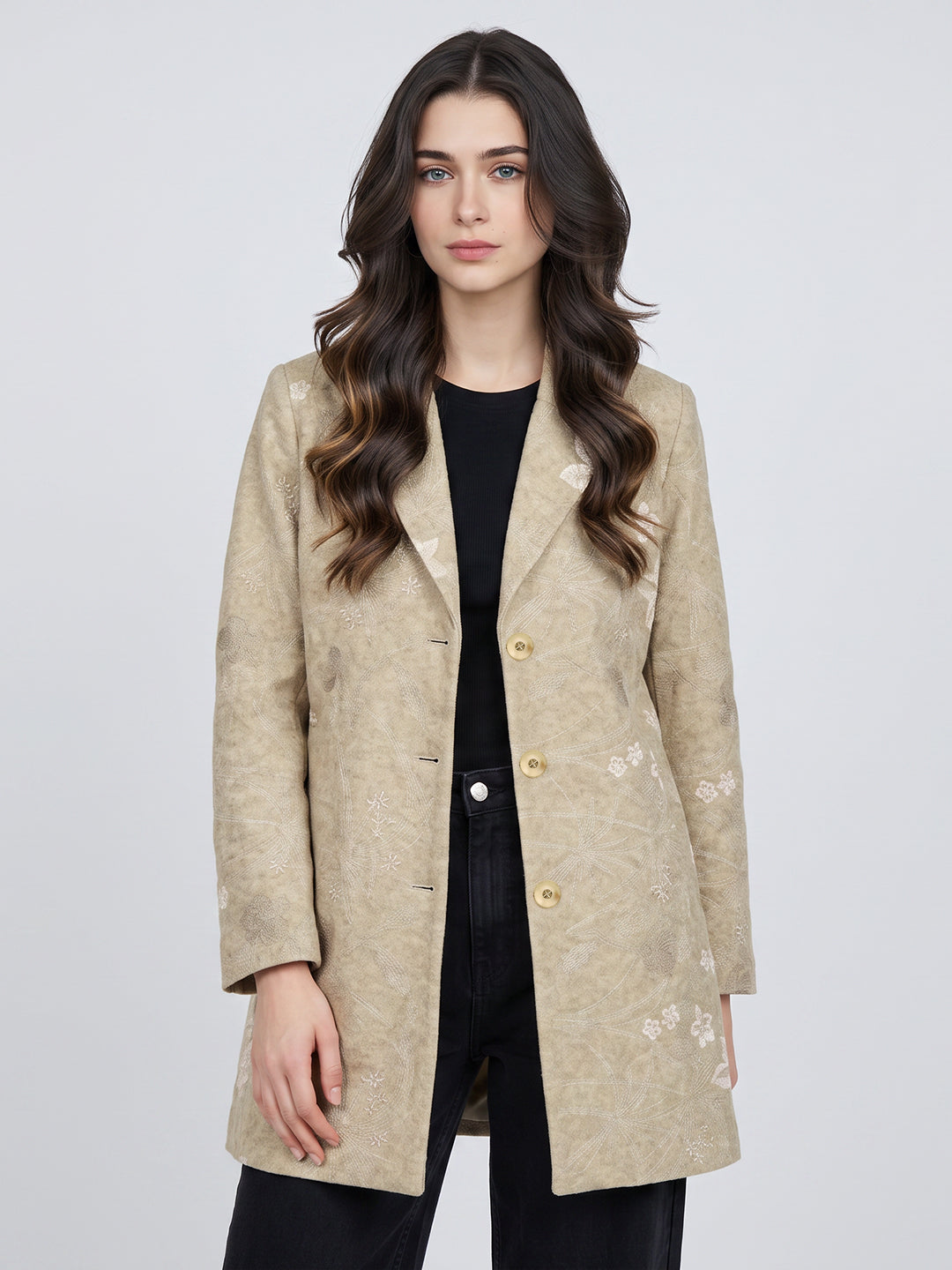 Women Beige Embroidered Collar Full Sleeve Coat