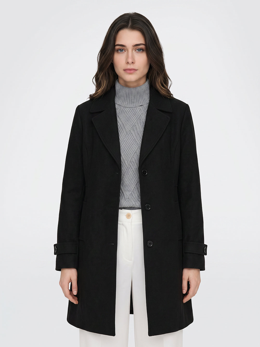 Women Black Solid Lapel Collar Full Sleeve Long Coat