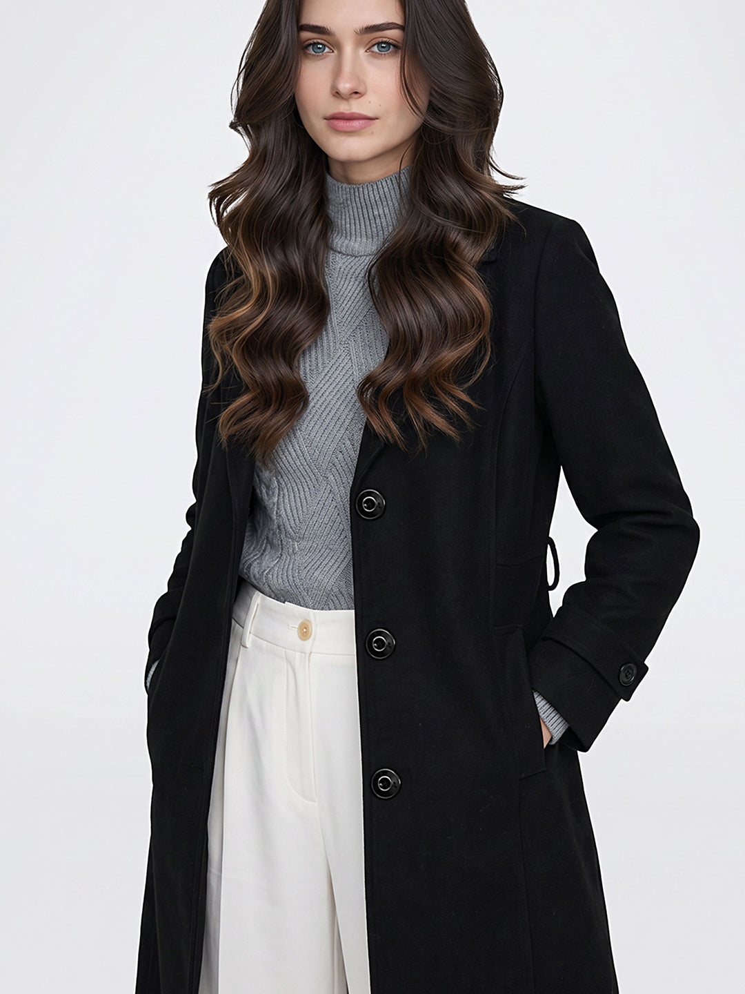Women Black Solid Lapel Collar Full Sleeve Long Coat