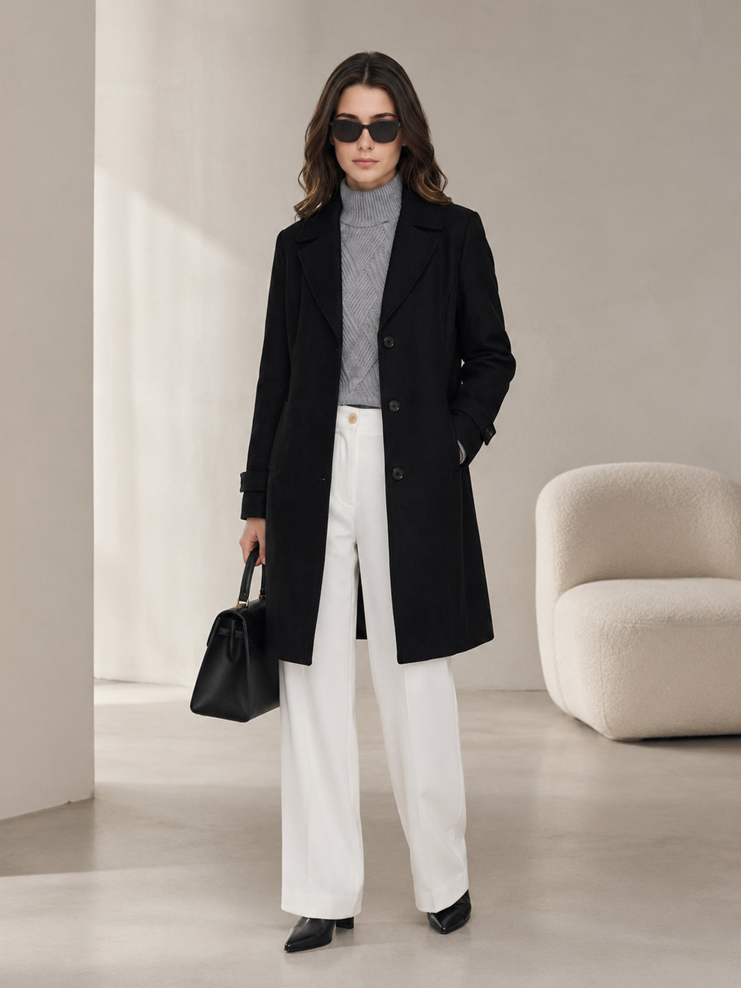 Women Black Solid Lapel Collar Full Sleeve Long Coat