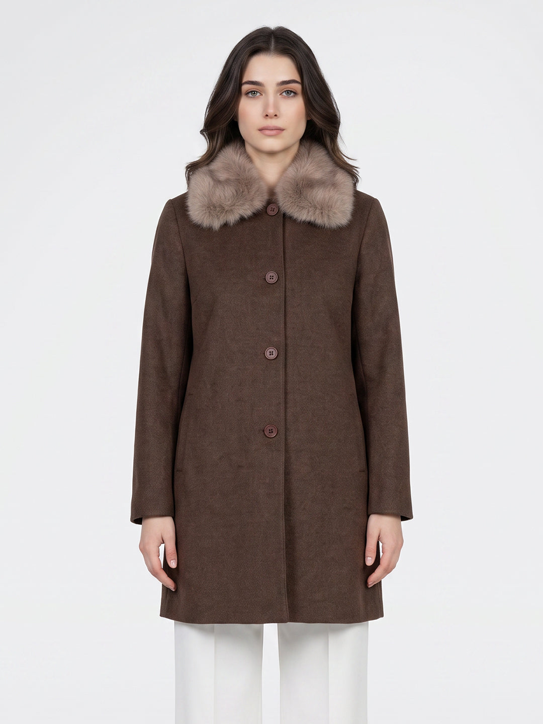 Women Brown Diagonal Collar Full Sleeve Long Coat