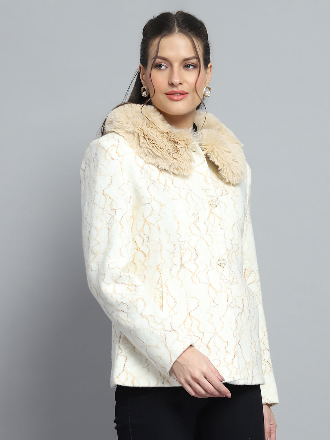 Women Off White Self Design Collar Full Sleeve Coat