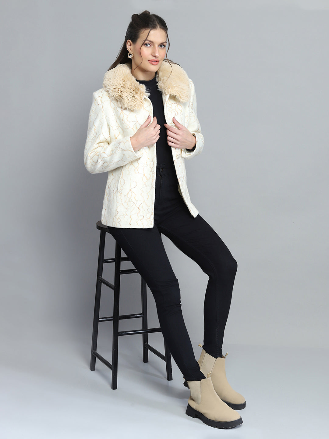 Women Off White Self Design Collar Full Sleeve Coat