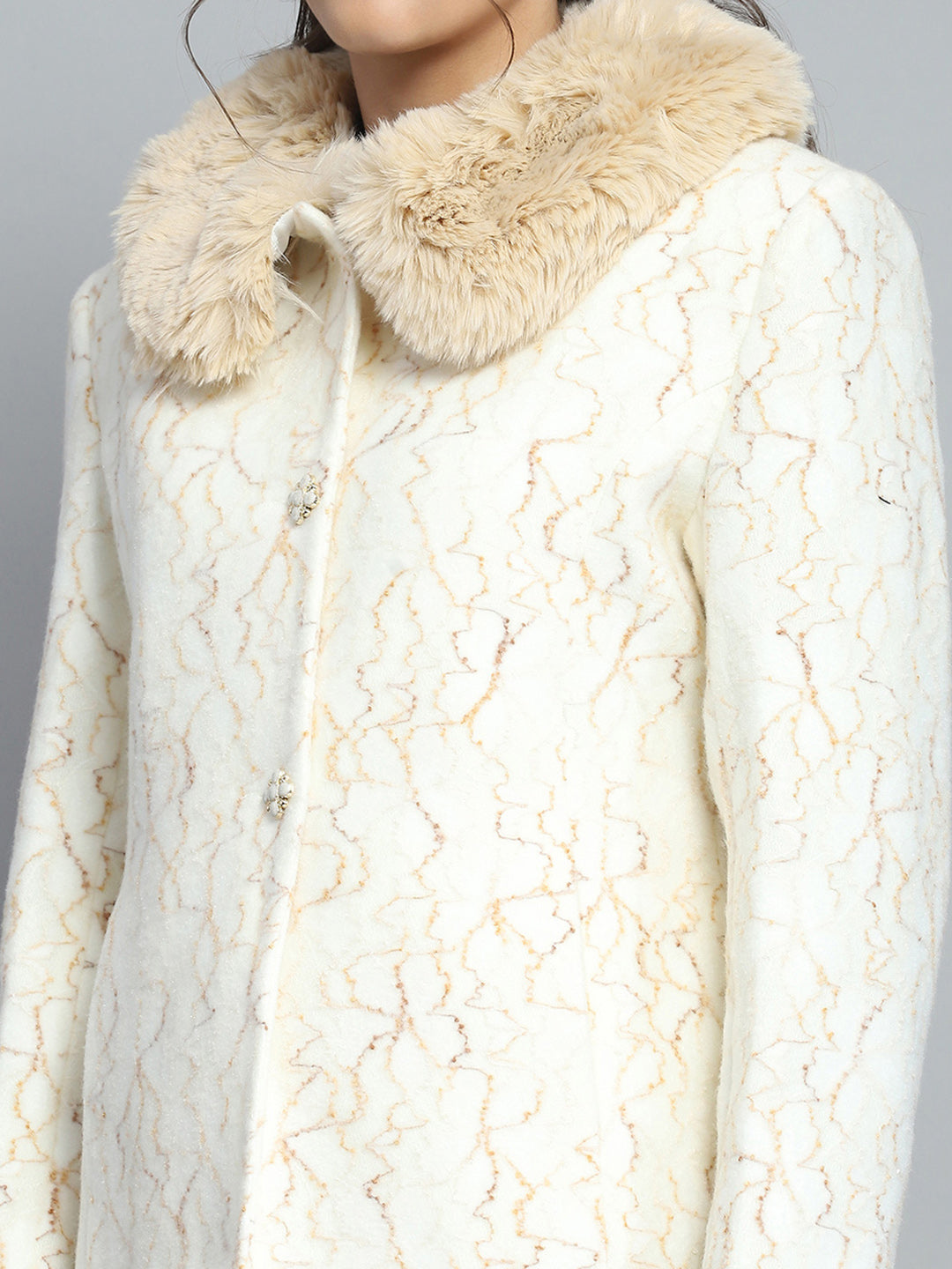 Women Off White Self Design Collar Full Sleeve Coat